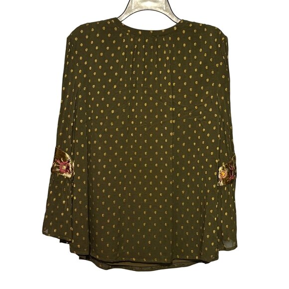 Chico's Green Gold Polka Dot Boho Blouse Embroidered Floral Details Size 1/Small - Picture 2 of 9